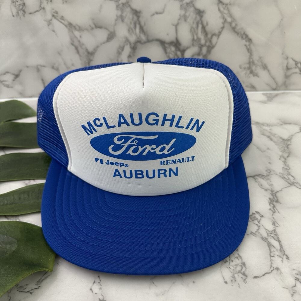 Ford Vintage 80s Trucker Hat Blue White Mesh Back Mclaughlin Dealership Auburn